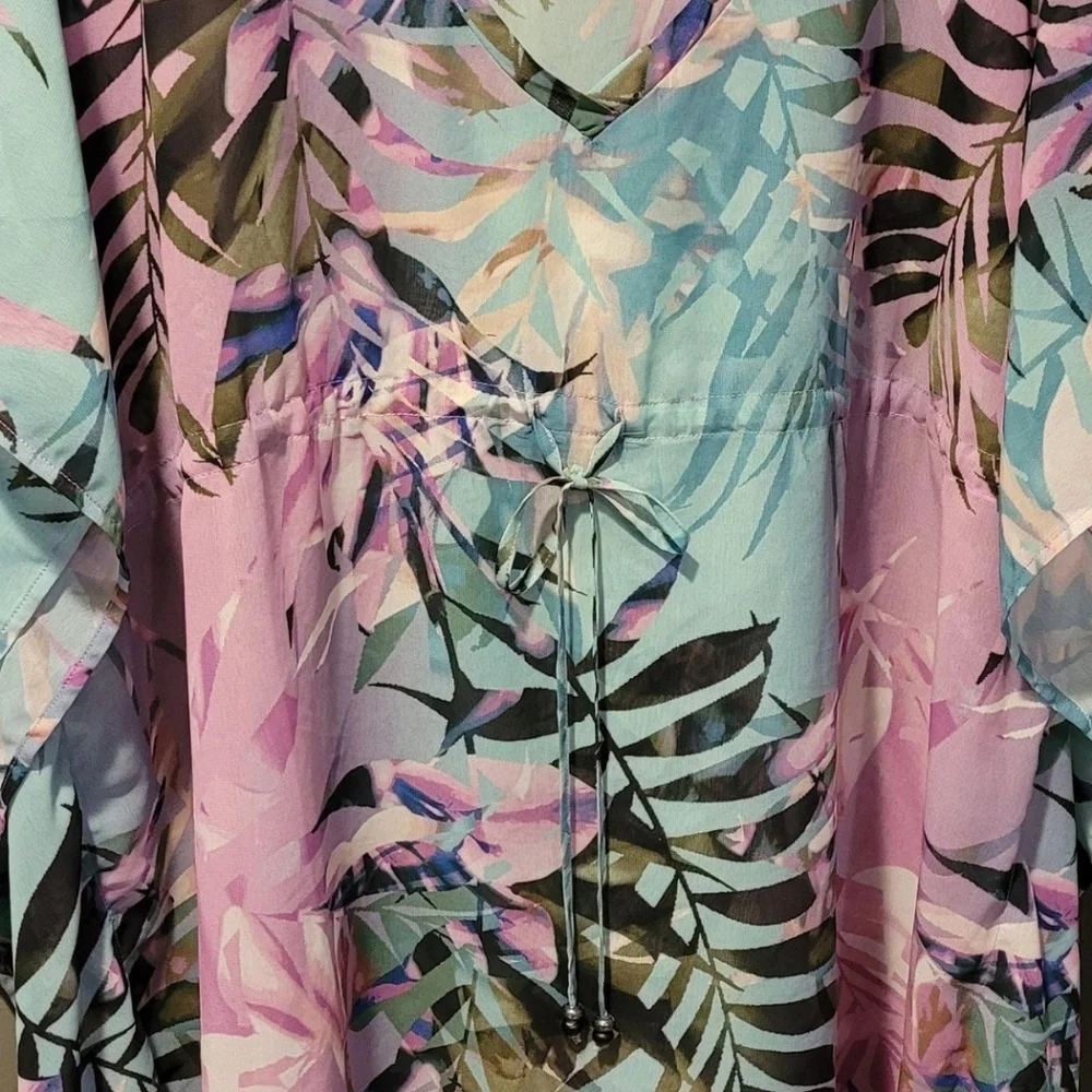 Apana Women's Tropical Leaf Print Sheer Swimsuit Cover Up, Size L, Multicolor